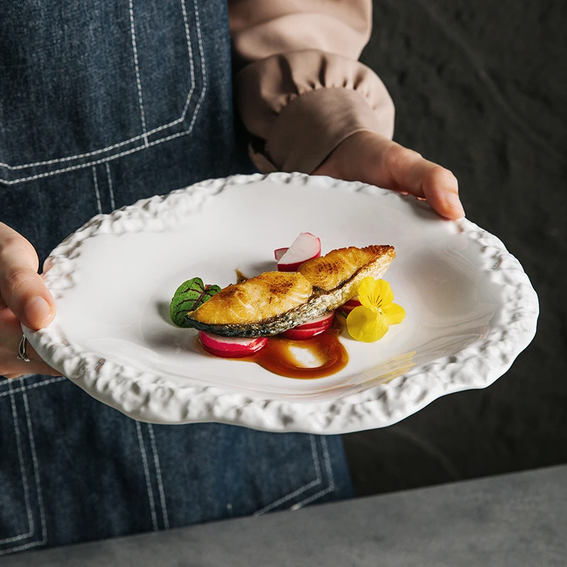 岩石纹裙边盘子菜盘家用陶瓷浅盘平盘2024新款酒店餐具ins风摆盘