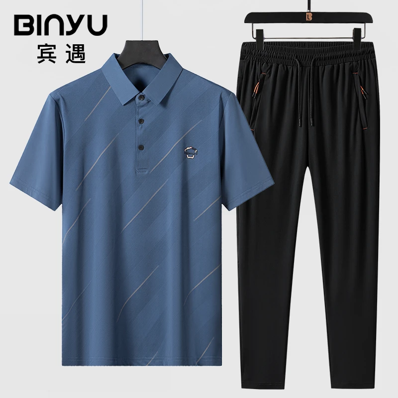 中老年休闲套装夏季男士速干薄款透气时尚翻领大码宽松弹力爷爷装