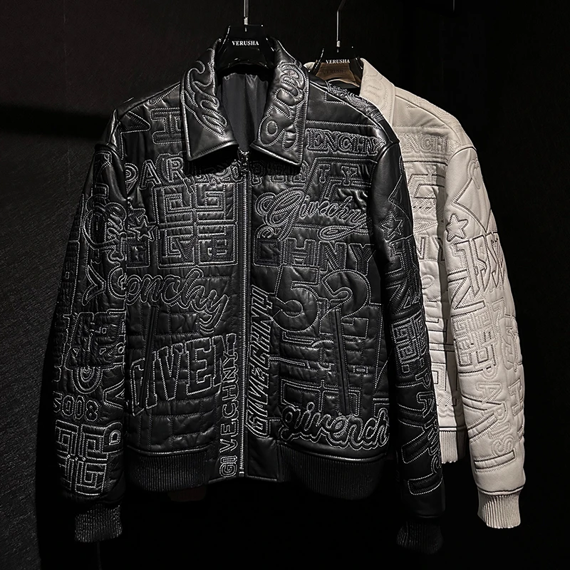 【VERUSHA】秋冬男士休闲皮衣字母刺绣翻领时尚真皮夹克G23001