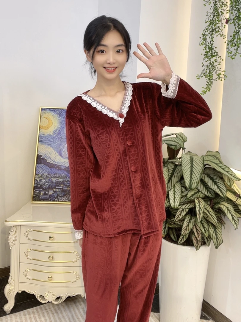 【海岛绒蝴蝶结提花】2024新款海岛绒睡衣女秋冬款家居服舒适套装