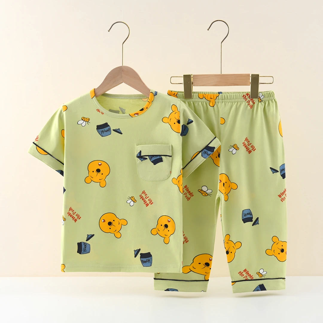 儿童纯棉家居服套装男童夏季薄款圆领睡衣女童短袖七分裤空调服