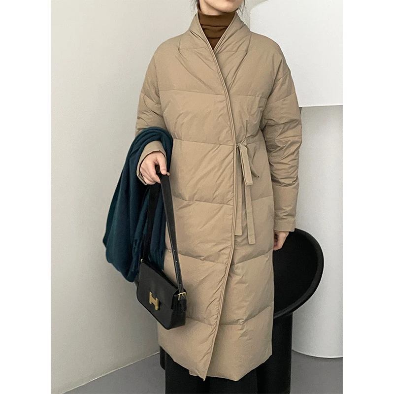 90白鸭绒！小众设计款时尚韩版中长羽绒服女系带收腰5572