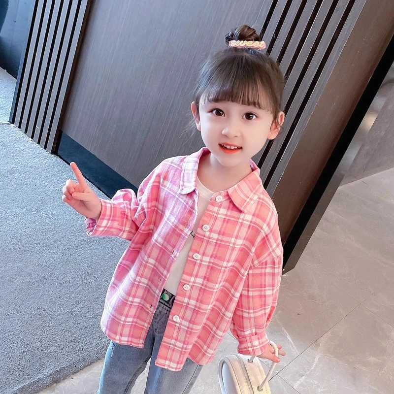 百搭洋气长袖休闲格子衬衣女童春秋新款衬衫儿童女孩宝宝时髦上衣