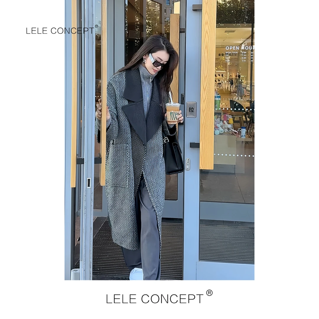 LELE CONCEPT丨都市轻奢时髦设计师款人字纹围巾大衣D0097