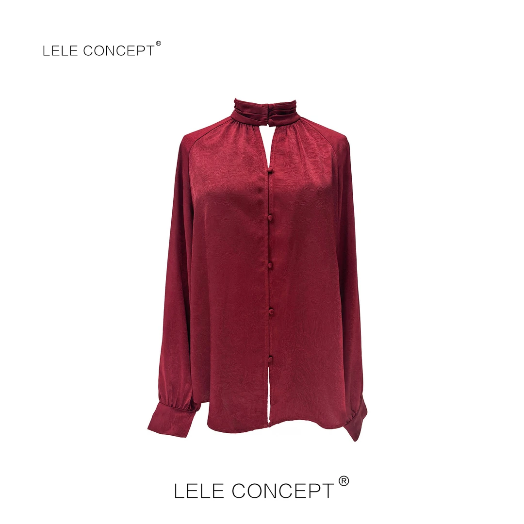 LELE CONCEPT｜褶皱开口包扣半高领气质衬衫上衣S0702