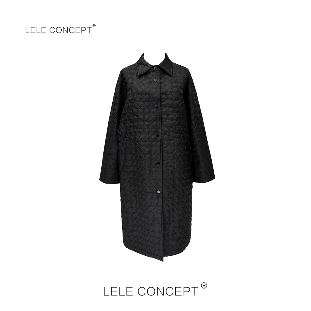 LELE CONCEPT丨都市轻奢高级设计款压格翻领长款棉服Y0426