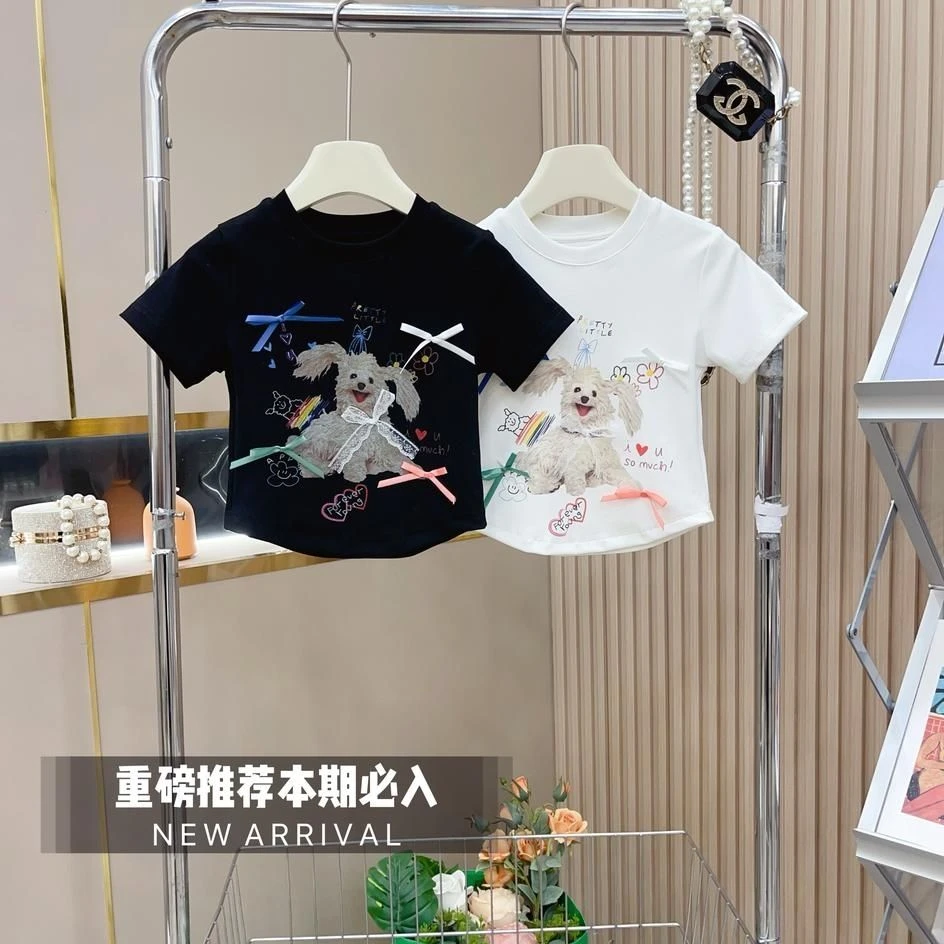 女童2024夏季新款卡通印花短袖T儿童夏款蝴蝶结网红洋气t恤上衣潮