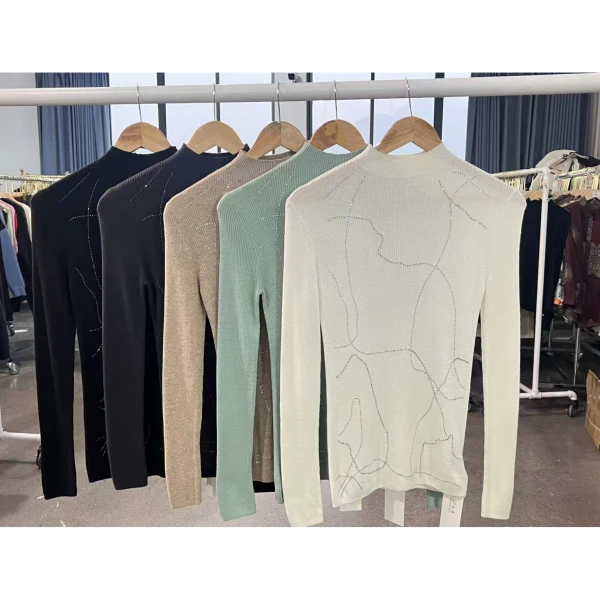 秋冬上新~时尚简约纯色重工钉钻设计款羊毛打底衫 S0904