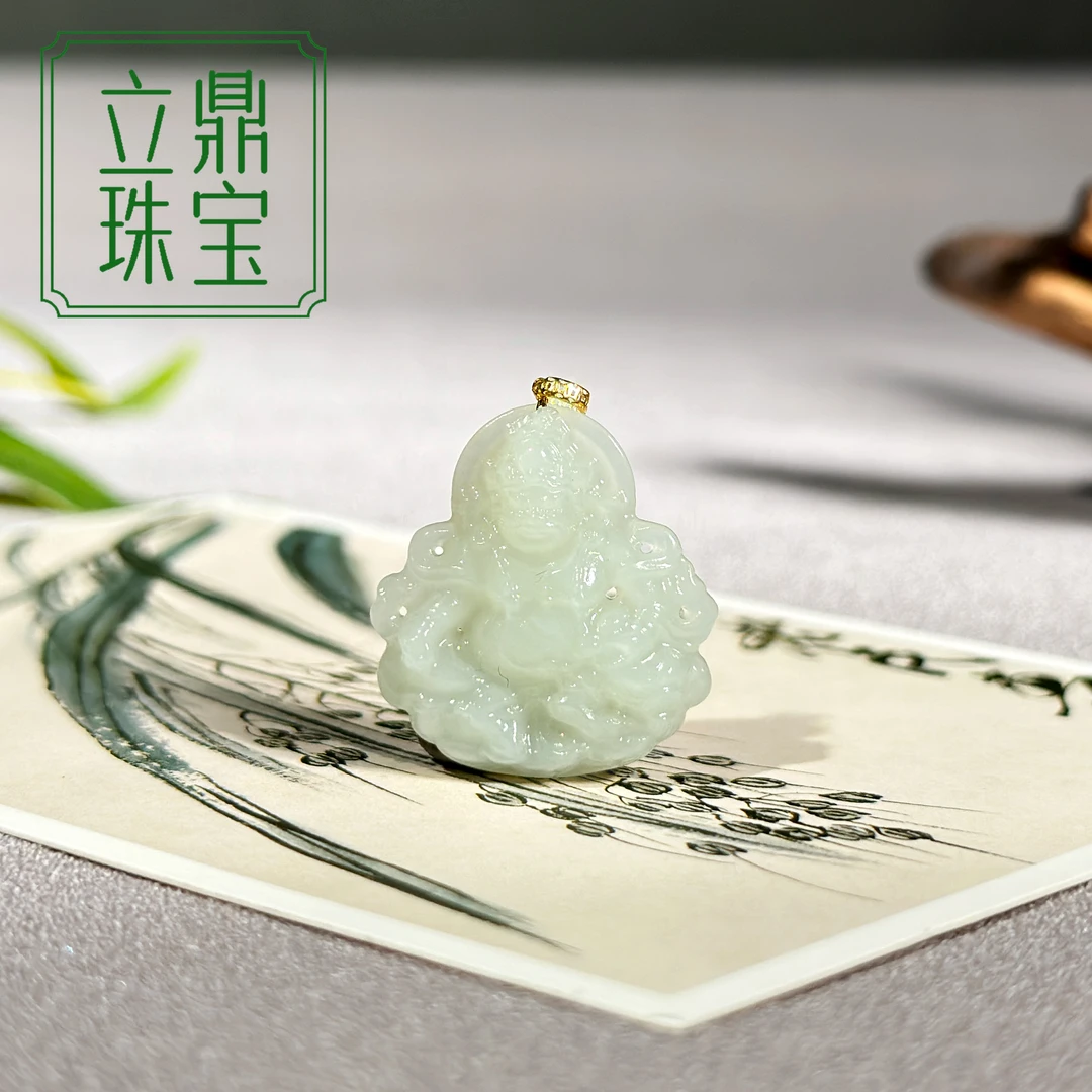 立鼎珠宝HD58和田玉黄财神精品吊坠18k金镶嵌收藏八方来财送父母