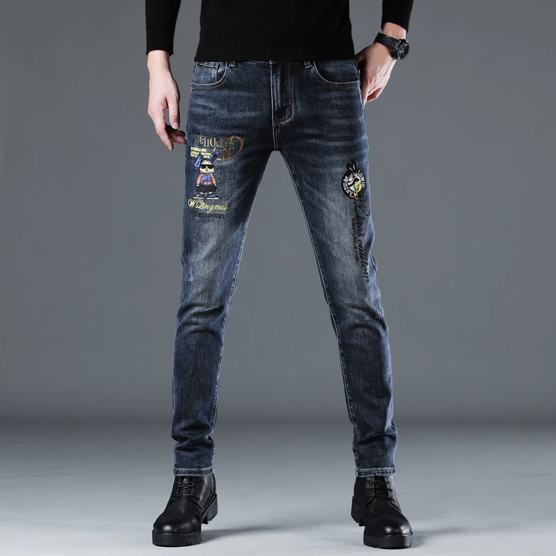 刺绣牛仔裤男春秋弹力修身小脚秋冬印花图案高端潮牌蓝色百搭裤子