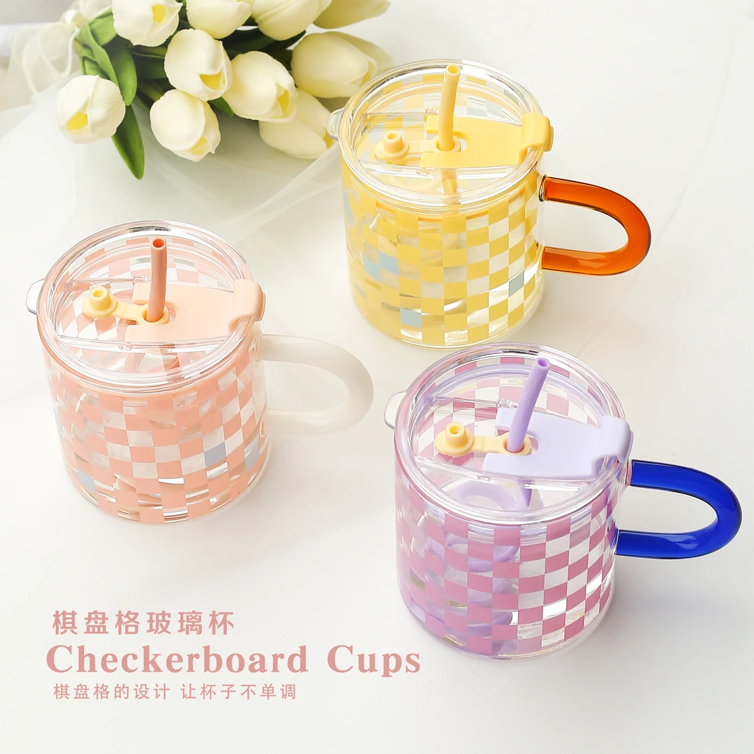 【粉丝福利】小众棋盘格随手杯玻璃杯啤酒杯耐高温时尚高颜值大容量