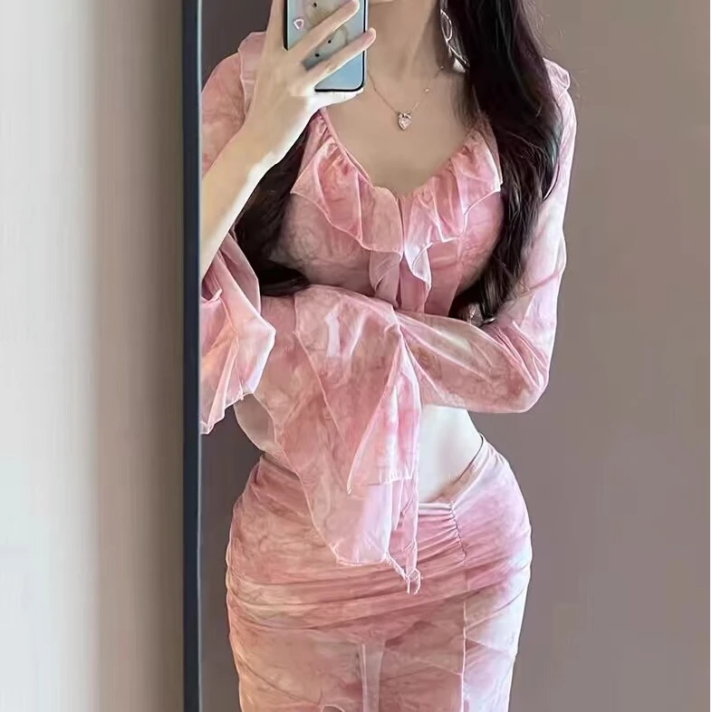 泳衣女2024夏新款粉色分体四件套比基尼罩衫性感显瘦沙滩度假泳装