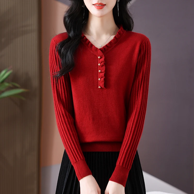 2024秋冬新款设计师V领木耳边上衣女时髦气质打底毛衣长袖针织衫