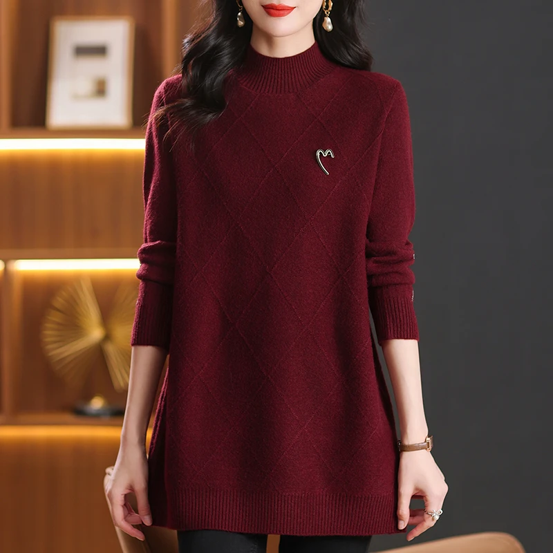 安可拉红中长款遮肚子打底衫女半高领大码宽松毛衣时尚百搭针织衫