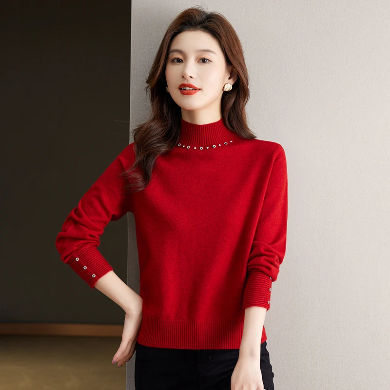 小众半高领打底衫女短款纯色简约百搭套头毛衣钉珠针织衫秋冬内搭