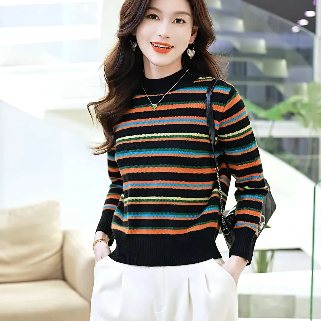 时尚条纹打底衫女秋冬2024新款半高领毛衣内搭上衣显瘦保暖针织衫