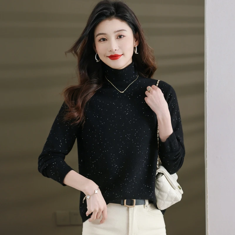 秋冬新款2024爆款亮片上衣女宽松时髦洋气宽松百搭堆堆领针织毛衫