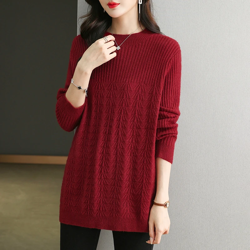 中长款红色毛衣女士遮肚子宽松秋冬新款打底衫时髦洋气针织衫上衣