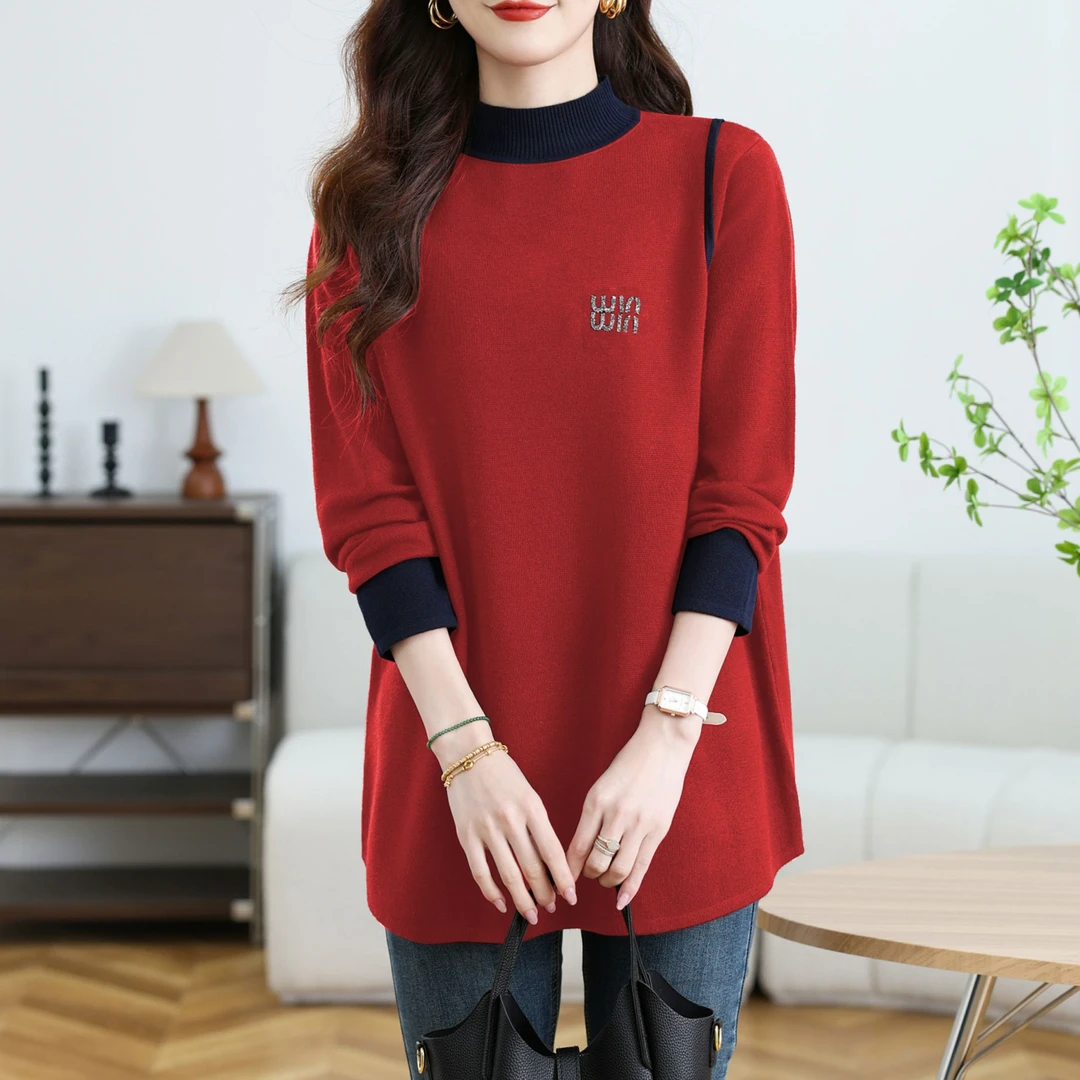 品牌大码女装秋冬新款打底衫女中长款内搭针织半高领宽松显瘦毛衣