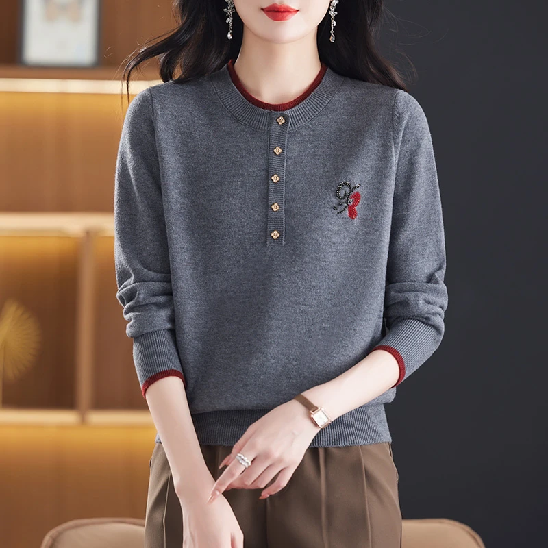 秋冬新款拼色纽扣领打底衫女爆款洋气时髦百搭针织衫内搭小众毛衣