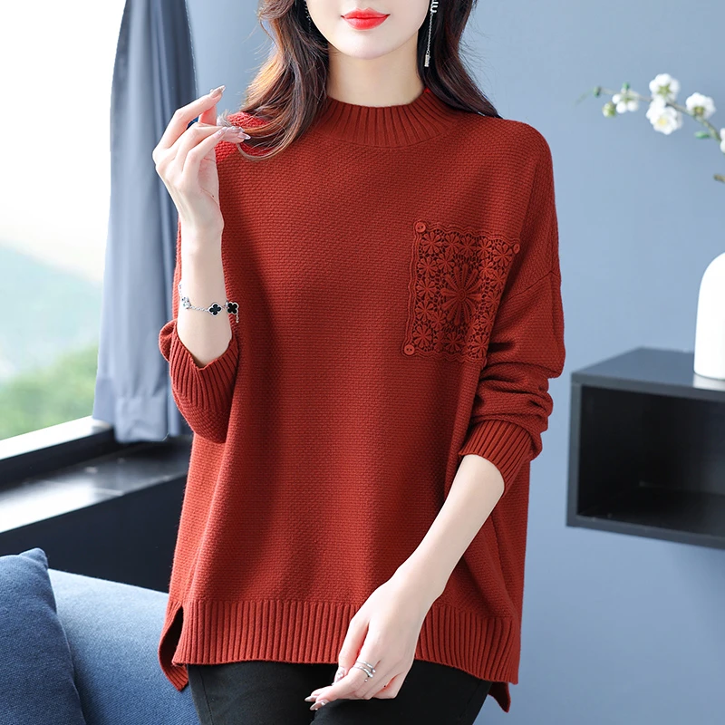 大码胖mm200斤上衣女设计感半高领毛衣女宽松中年遮肚显瘦针织衫