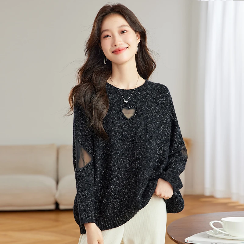 高级感洋气时髦慵懒风上衣女宽松秋冬外穿可打底黑色毛衣韩版蕾丝