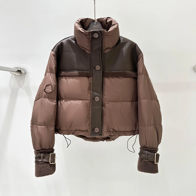 高品质小个子羽绒服女短款立领面包服2025新款冬季外套pu拼接冬装