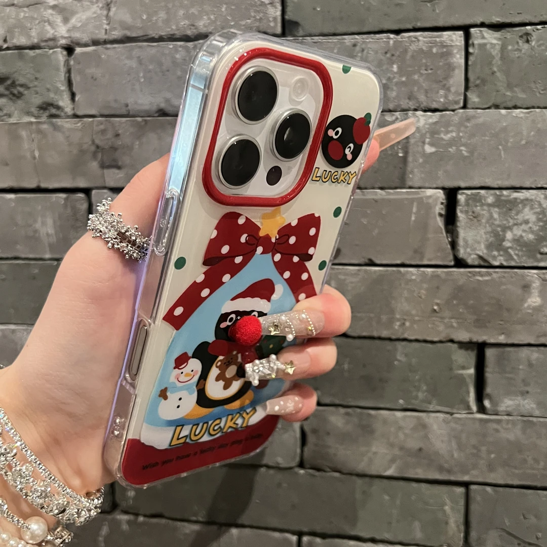 冬日圣诞波点蝴蝶结企鹅适用iPhone16promax苹果手机壳15卡通1413