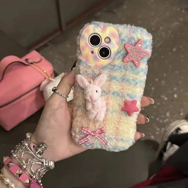 日韩毛绒可爱蝴蝶结少女兔兔适用苹果15iphone12手机壳14promax保