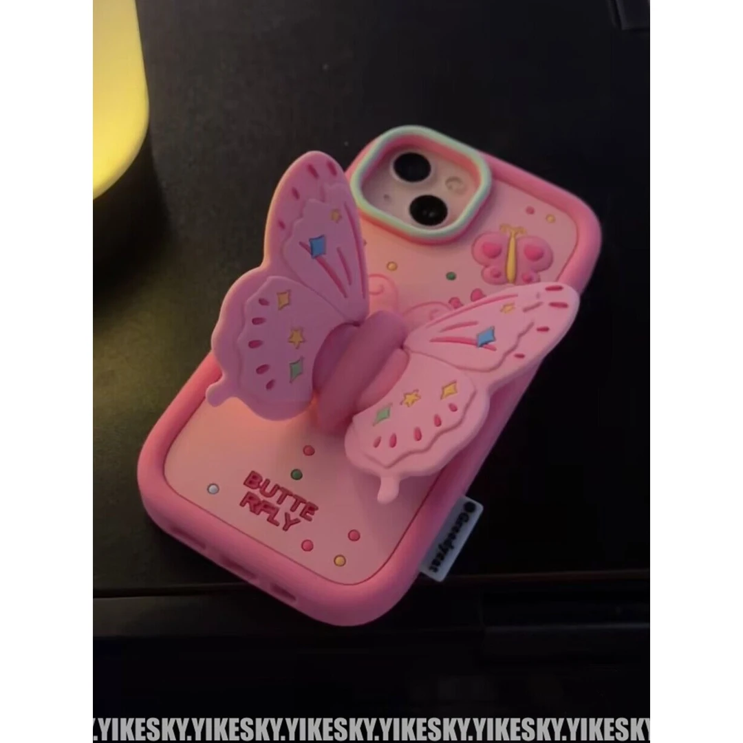 粉色蝴蝶结支架苹果14手机壳iPhone13硅胶12软11女13promax潮网红