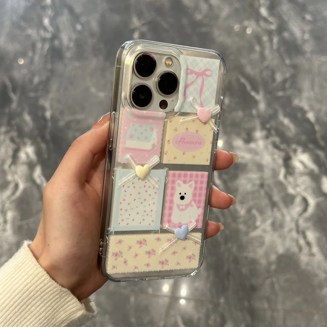 日韩方格碎花蝴蝶结适用iPhone15苹果14/13promax手机壳11小众12