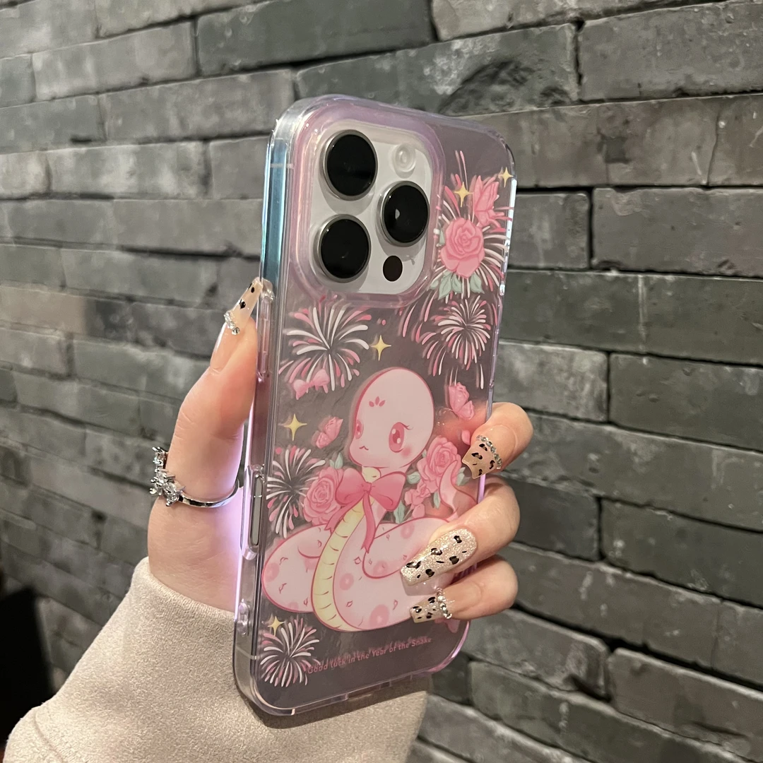 国潮新年梦幻粉蛇适用苹果16promax烟花iPhone15手机壳13本命年14
