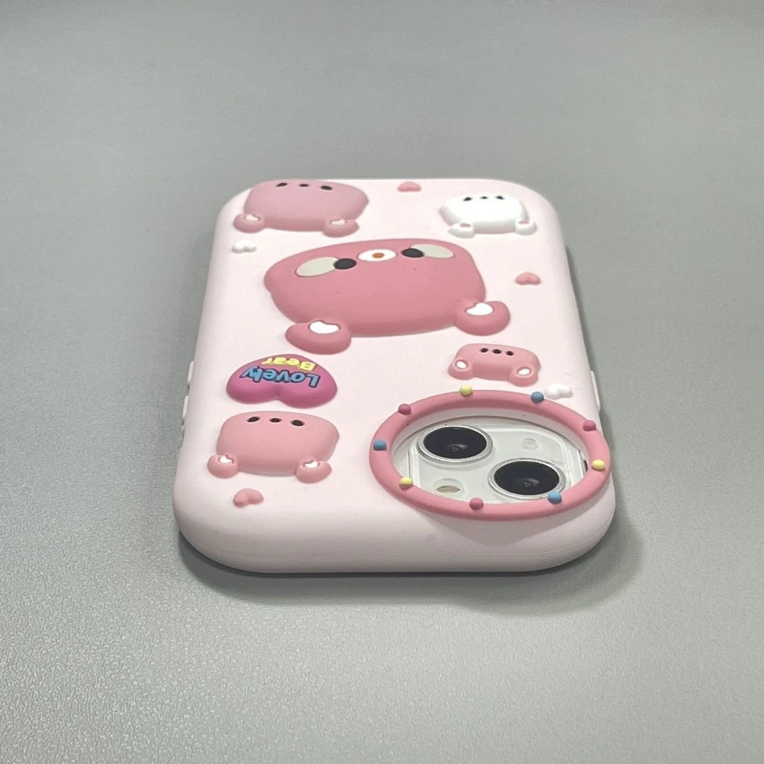 可爱粉色立体卡通熊苹果14promax手机壳iPhone13防摔12液态硅胶15