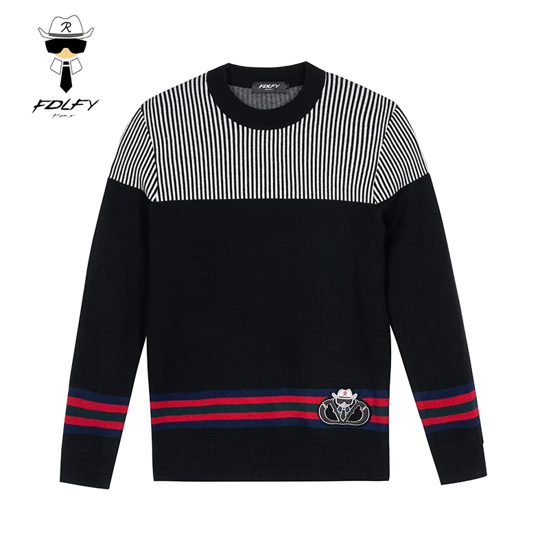 FDLFY老佛爷男装条纹拼接针织衫2024年秋冬新款长袖休闲圆领