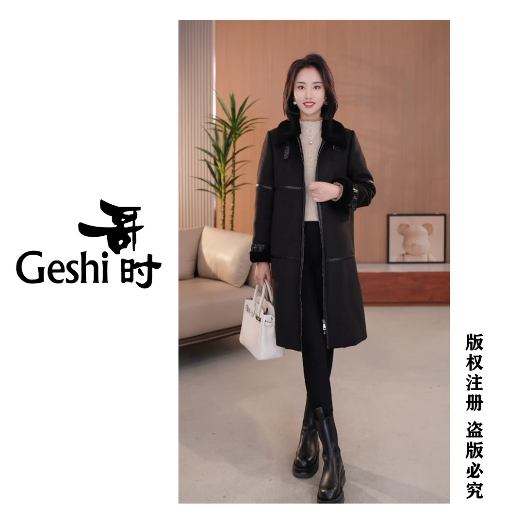 【欧港服饰】羊毛领兔毛大衣22005冬季新款时尚轻奢简约气质显瘦