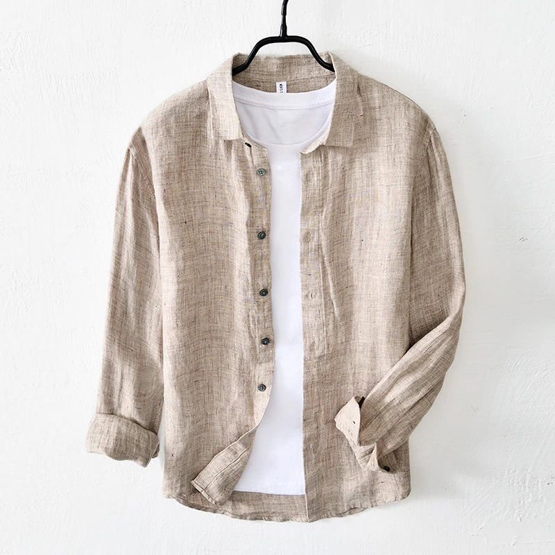 宽松纯亚麻衬衫男士长袖衬衣潮流复古上衣麻布男装百搭休闲
