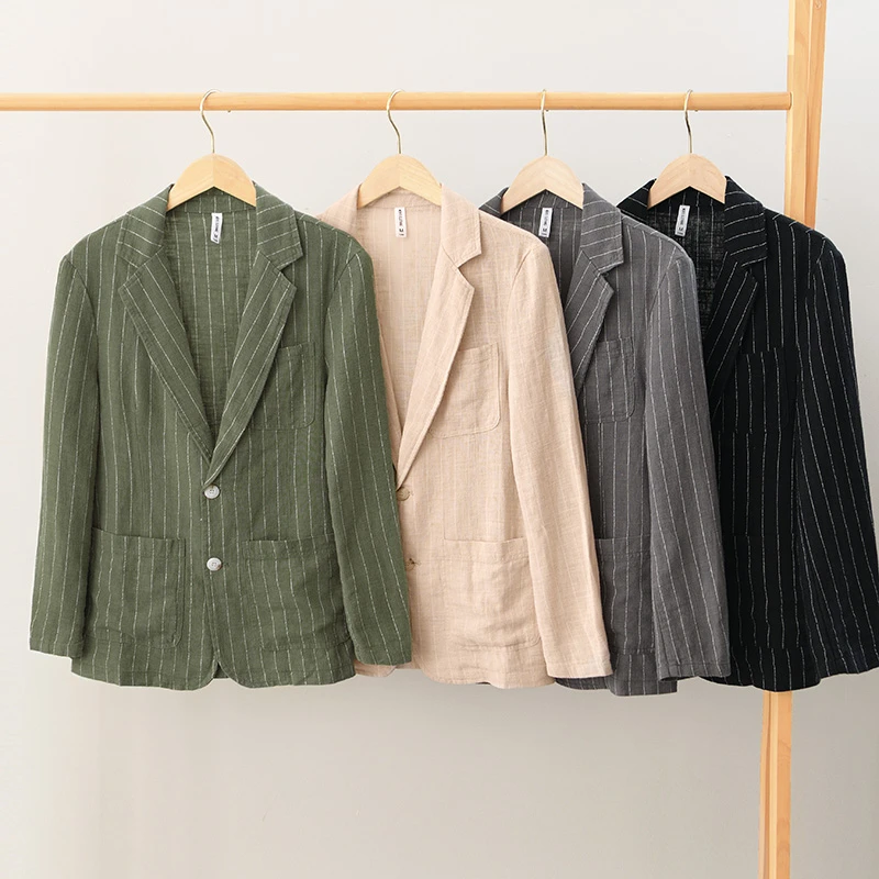 麻尚生活复古时尚条纹宽松休闲苎麻小西服男商务百搭苎麻西装外套