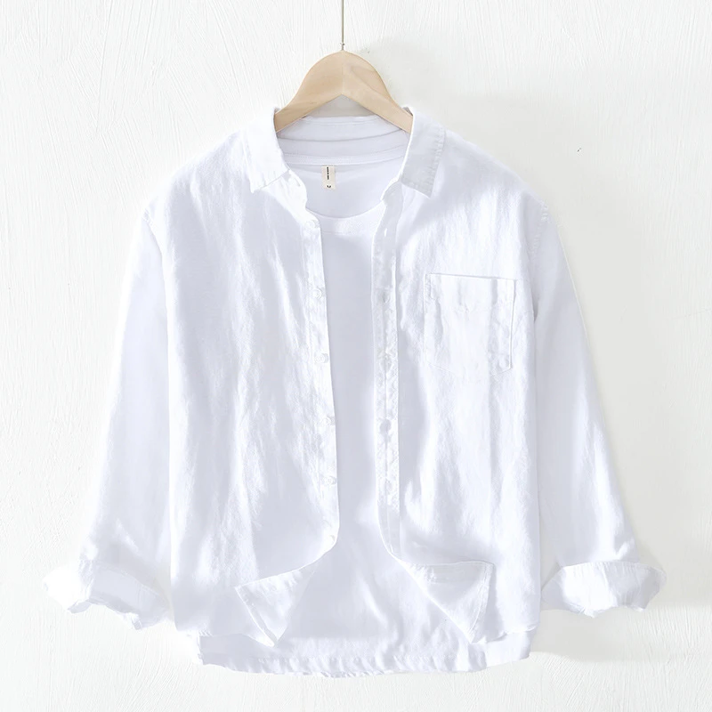 麻尚生活春秋寸衫宽松日常休闲百搭衬衣男士亚麻布长袖衬衫男