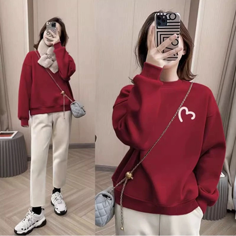 2024秋冬爆款酒红加绒休闲卫衣女韩版宽松时尚减龄圆领小个子上衣