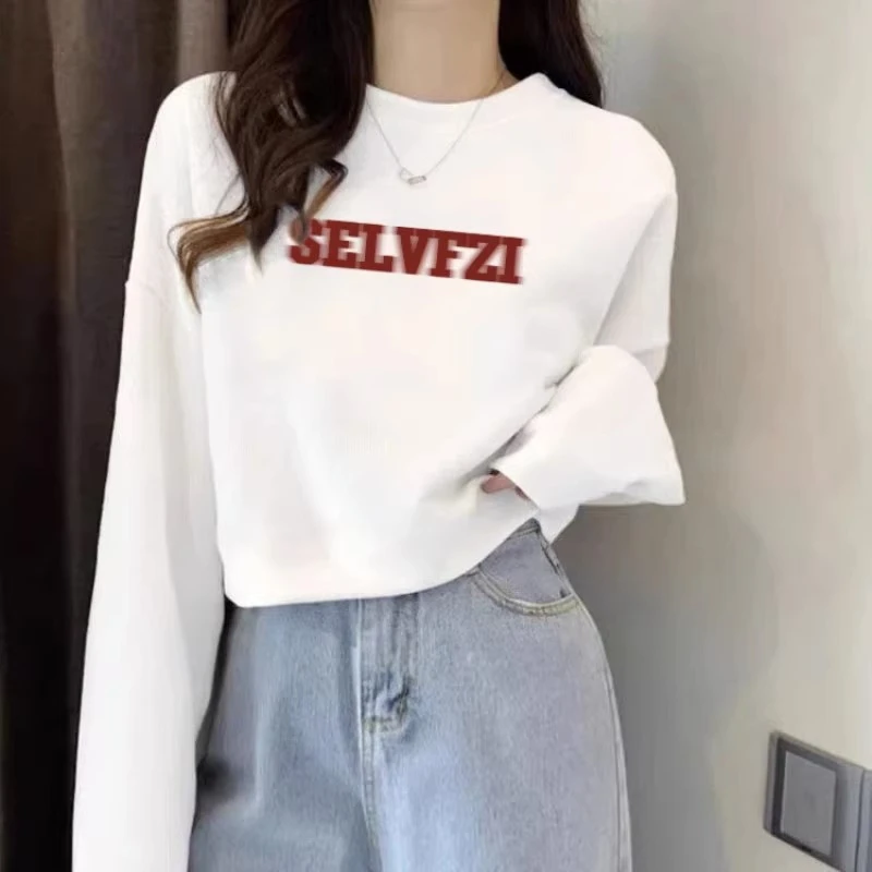 棉质白色高腰短款卫衣女春秋季百搭ins简约字母宽松圆领长袖上衣