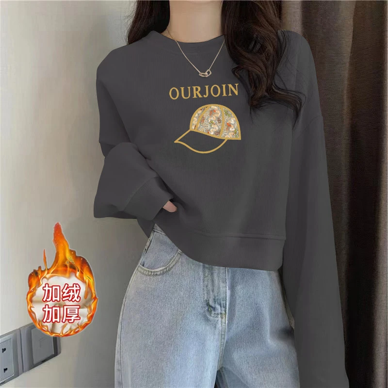 odto穿搭秋冬季暗黑风短款加绒卫衣2023新款宽松显瘦内搭圆领上衣