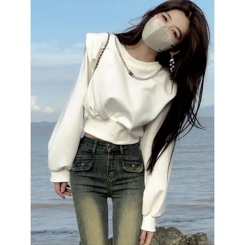 小个子欧货纯色收腰圆领链条长袖恤女2023秋冬季新款显瘦洋气上衣