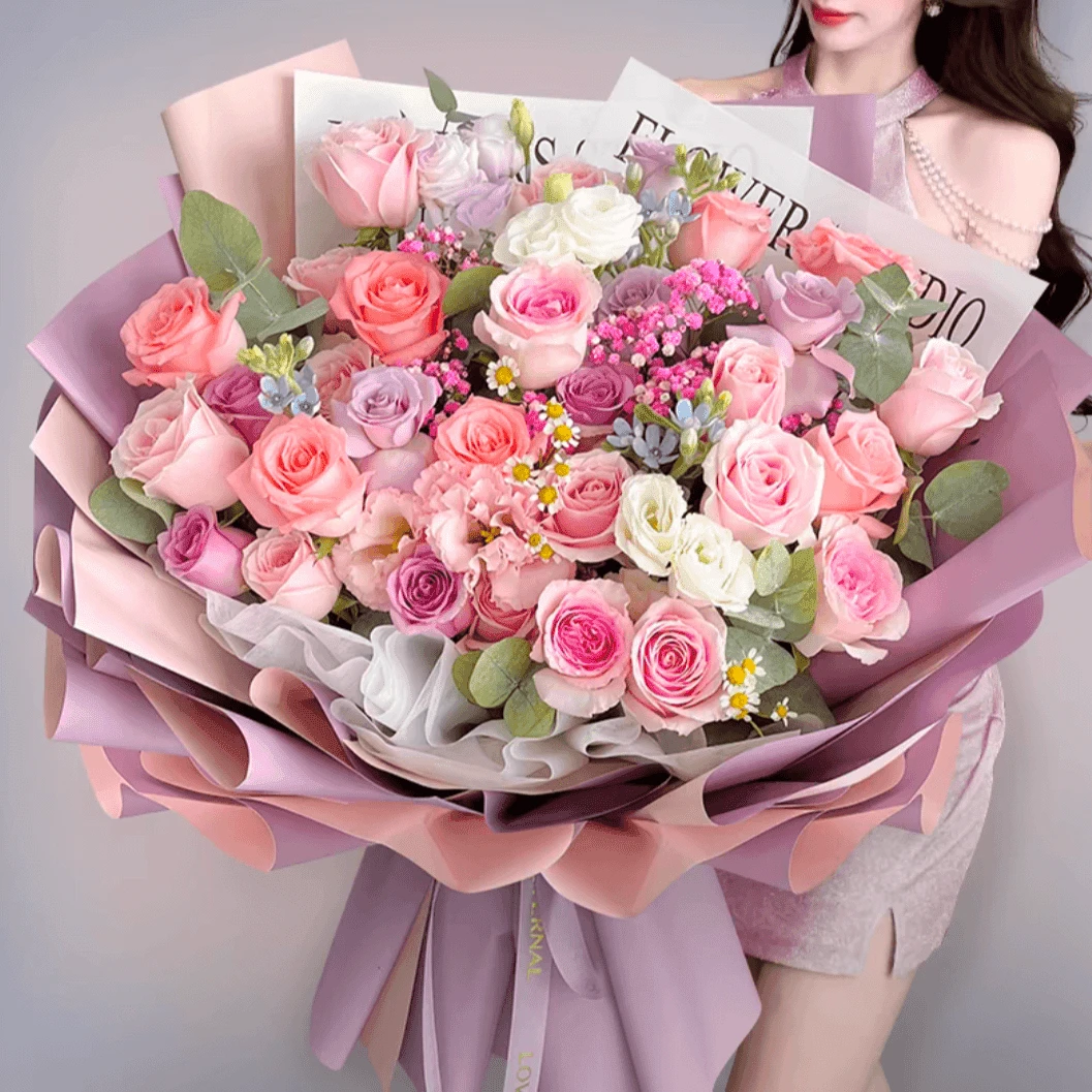 【粉大花束】送闺蜜粉紫玫瑰生日鲜花订购配送货鲜花同城鲜花直送