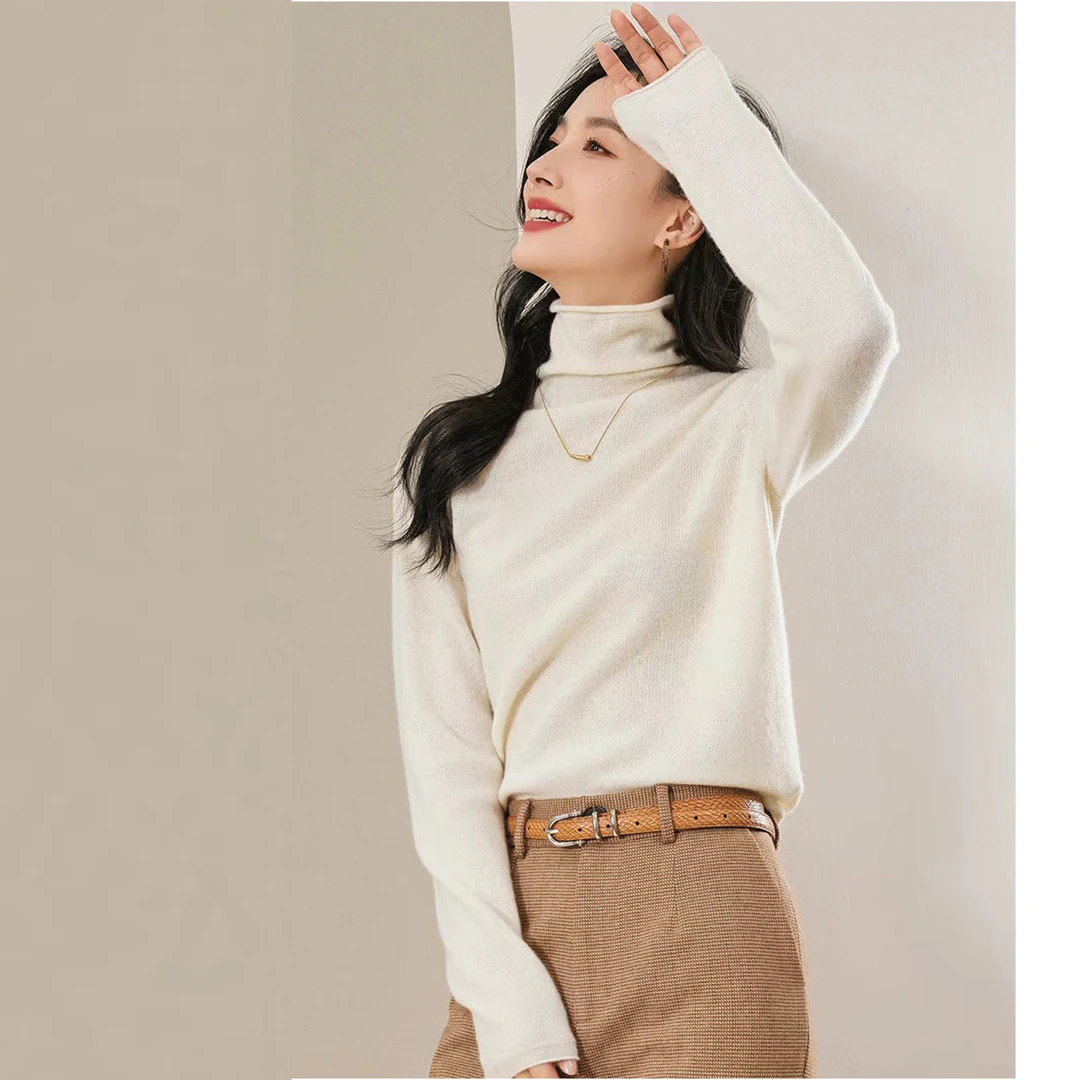 【红人上新】经典100%纯羊毛针织衫女士秋冬堆堆领保暖纯色气质通勤