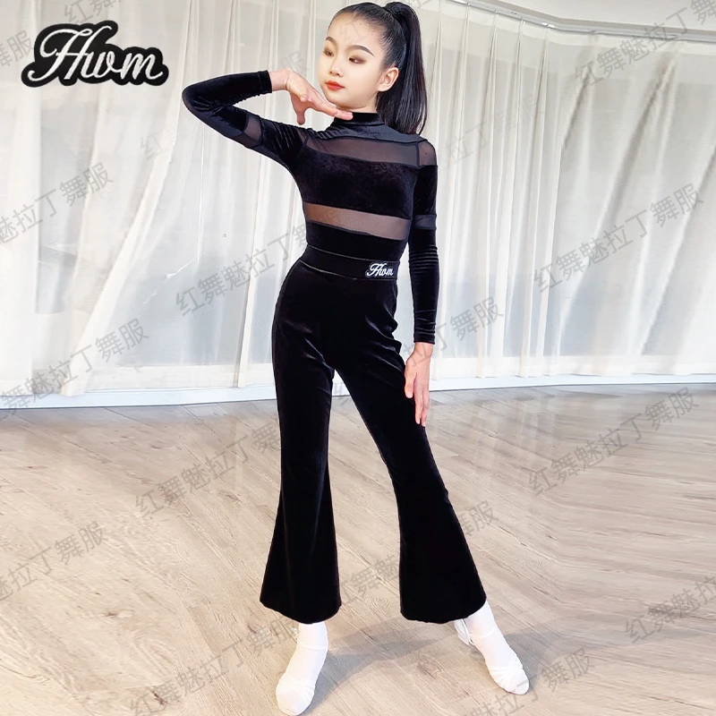 红舞魅拉丁舞裤子女童2024新款秋冬少儿丝绒微喇叭长裤练功服套装