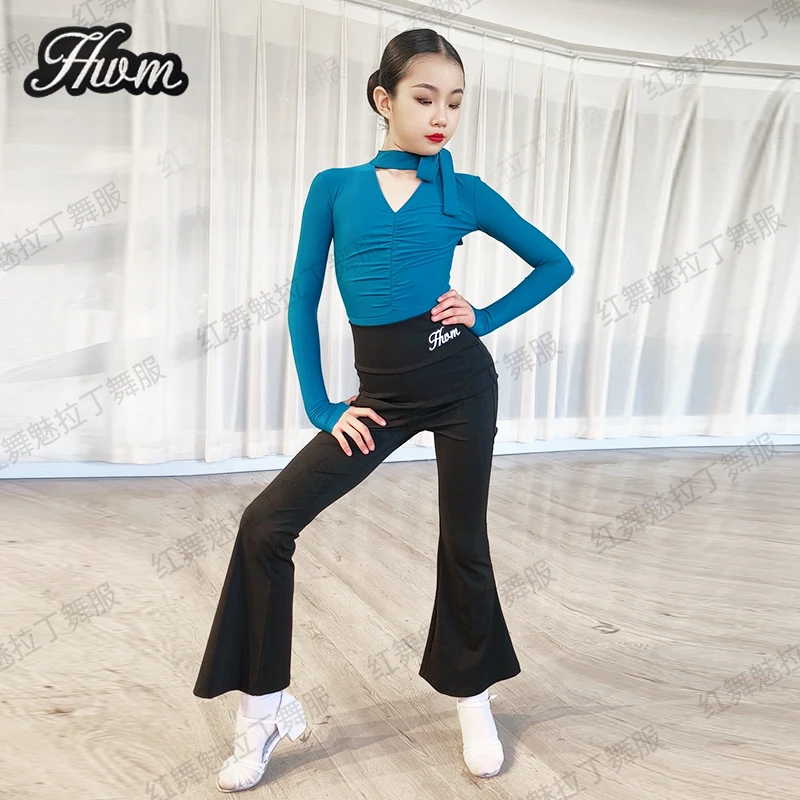 红舞魅秋冬新款女童拉丁舞服裤子套装儿童高领上衣喇叭长裤训练服