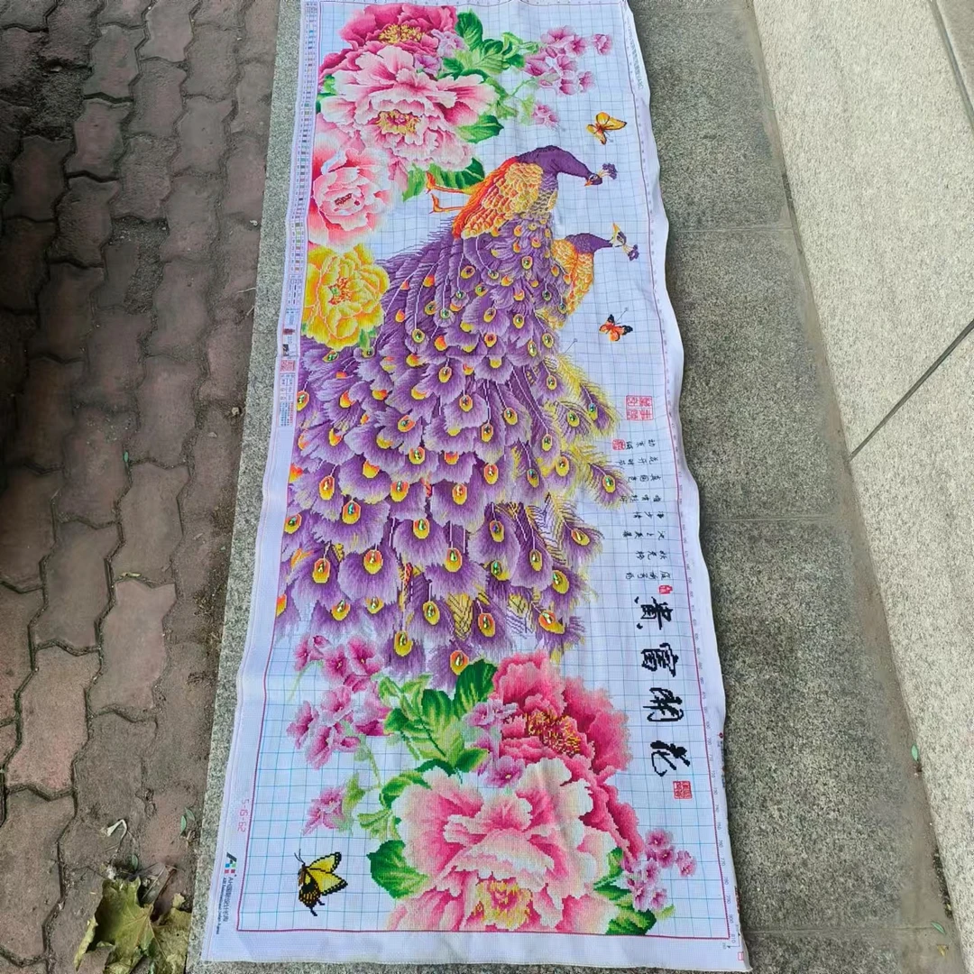 纯手工绣好的十字绣成品花开富贵牡丹紫色的孔雀客厅新款装饰挂画