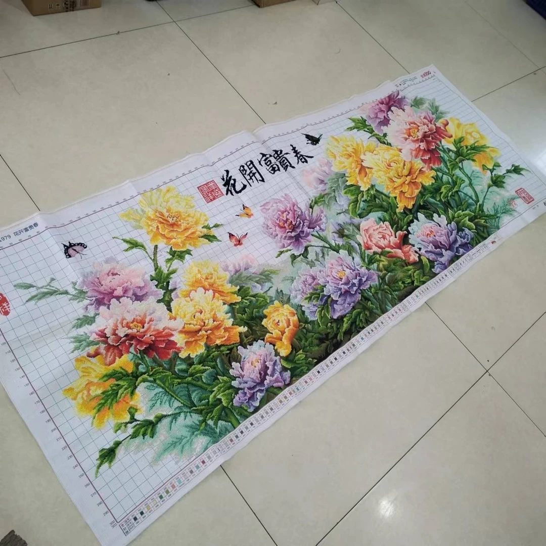 纯手工绣好的十字绣成品花开富贵桂春牡丹花客厅简约装饰挂画出售