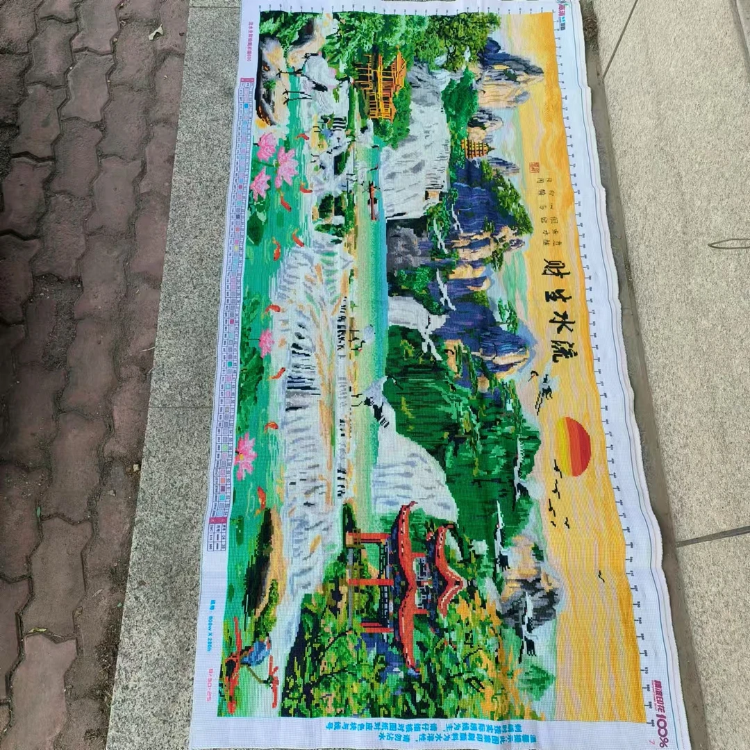 纯手工绣好的十字绣成品流水生财九鱼聚财旭日东升山水风景装饰画