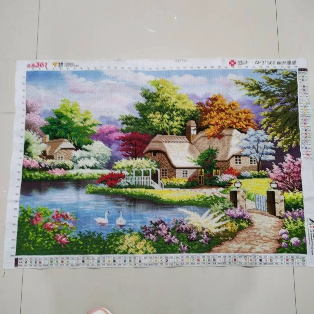 5D款纯手工绣好的十字绣成品悠然雅居湖边小屋心心相印装饰画出售